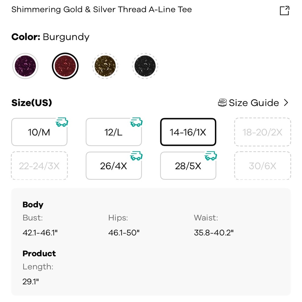 BloomChic Burgundy Shimmering Gold/Silver A-Line Tee size1X (14-16) - Picture 8 of 14